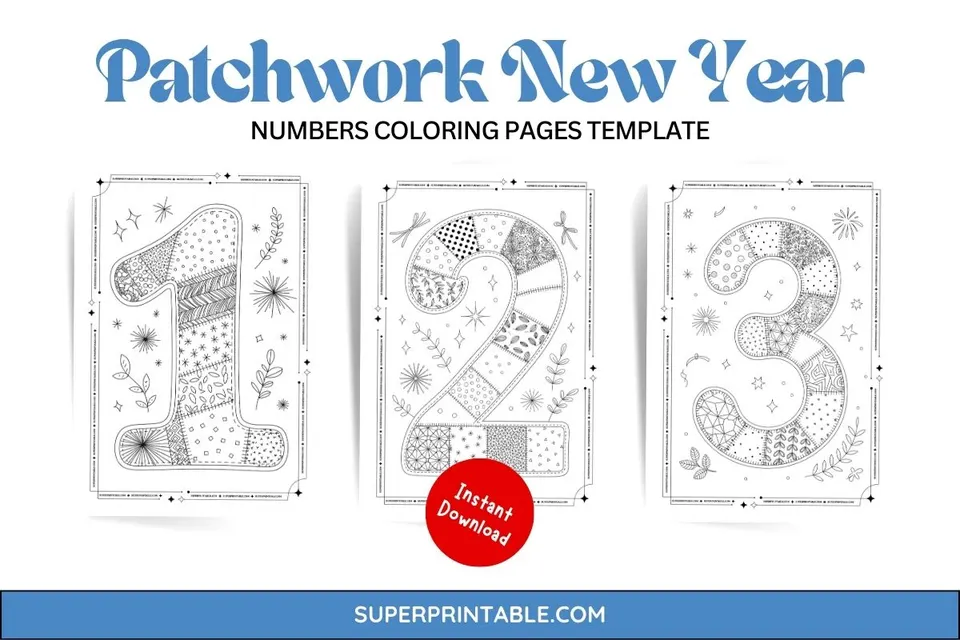 Patchwork New Year Numbers Coloring Pages Feature Image