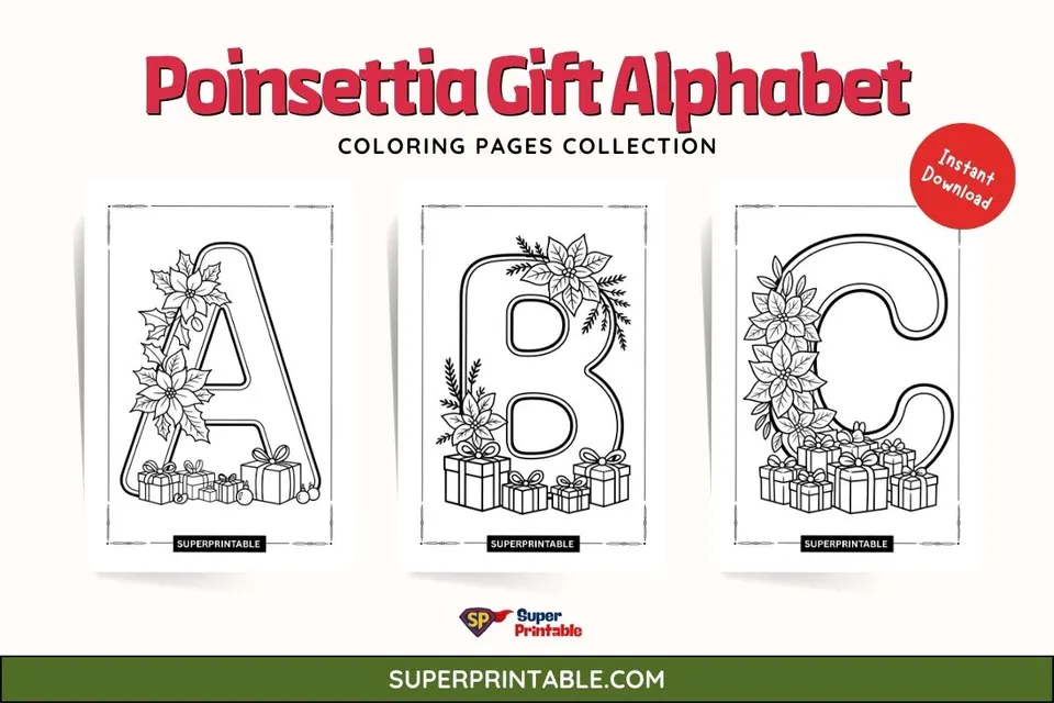 Poinsettia Gift Alphabet Coloring Pages Feature Image