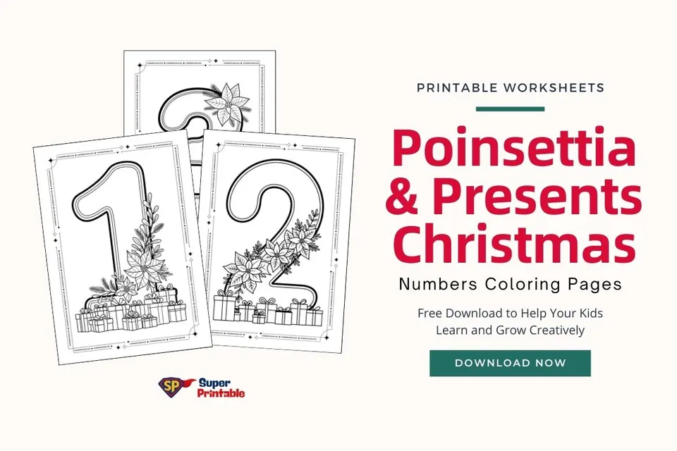 Poinsettia & Presents Christmas Numbers Coloring Pages Feature Image