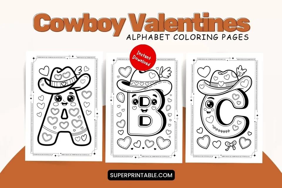 Cowboy Valentines Alphabet Coloring Pages Feature Image
