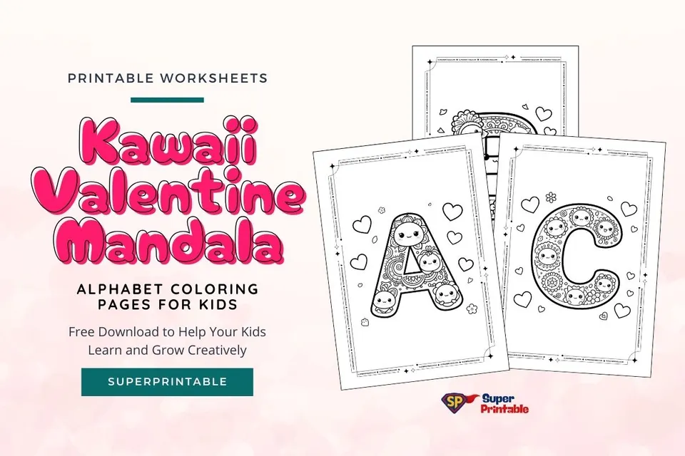 Kawaii Valentine Mandala Alphabet Coloring Pages For Kids Feature Image