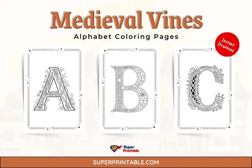 Medieval Vines Alphabet Coloring Pages Feature Image