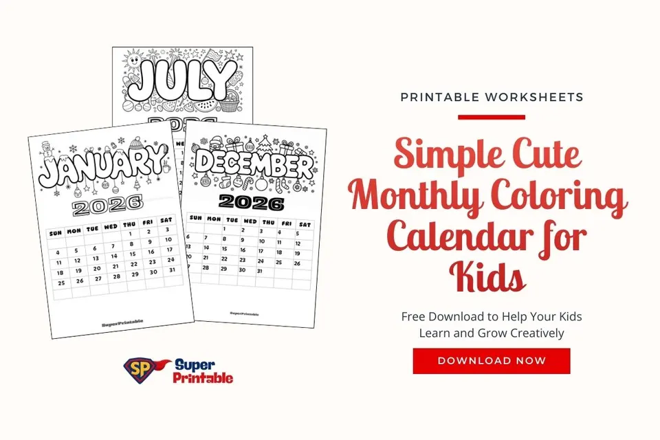 Simple Cute Monthly Coloring Calendar for Kids Feature Image