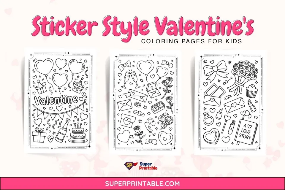 20 Sticker Style Valentine's Coloring Pages