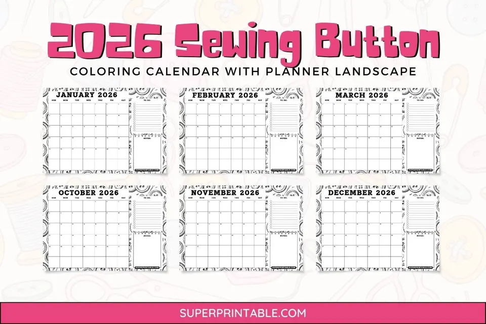 2026 Sewing Button Coloring Calendar With Planner Landscape Feature Image