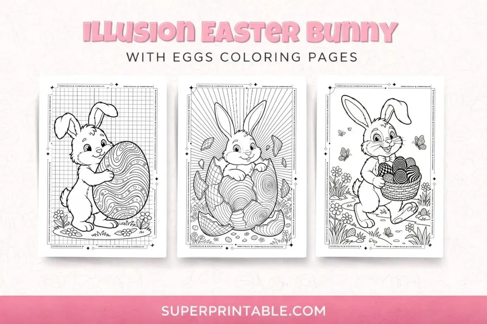 7 Illusion Easter Bunny With Eggs Coloring Pages Feature Image