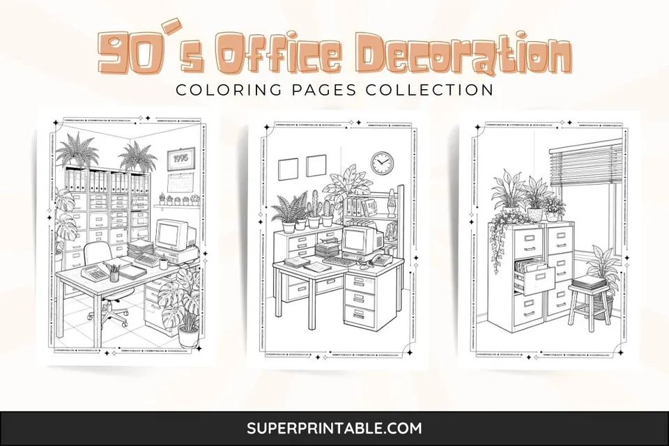 90's Office Decoration Coloring Pages Feature Image