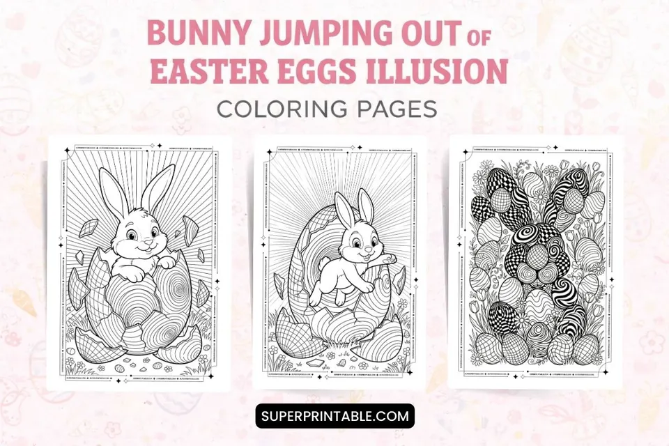 Bunny Jumping Out of Easter Eggs Illusion Coloring Pages Feature Image