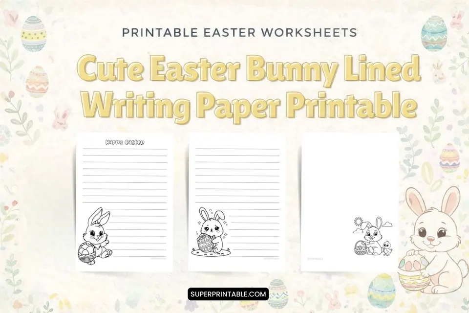 Cute Easter Bunny Lined Writing Paper Printable for Kids Feature Image