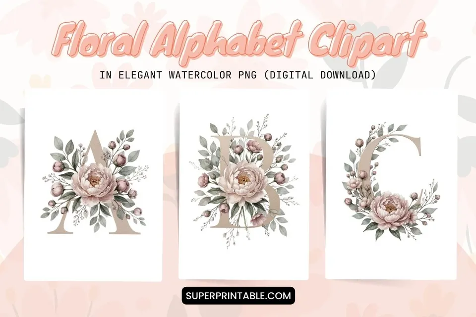 Floral Alphabet Clipart in Elegant Watercolor PNG (Digital Download) Feature Image