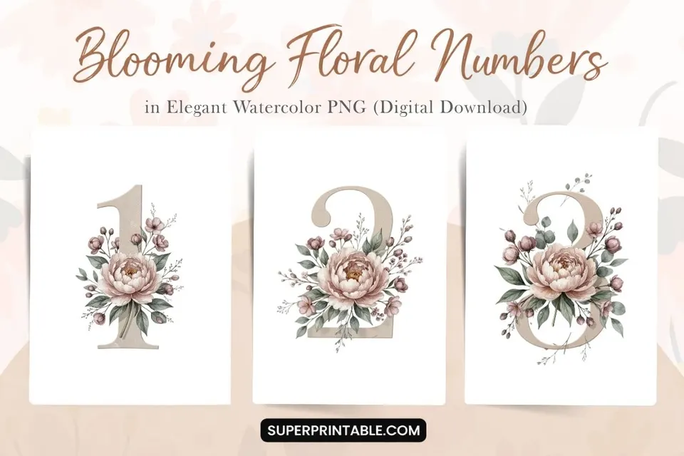 Floral Numbers Clipart in Elegant Watercolor PNG (Digital Download) Feature Image