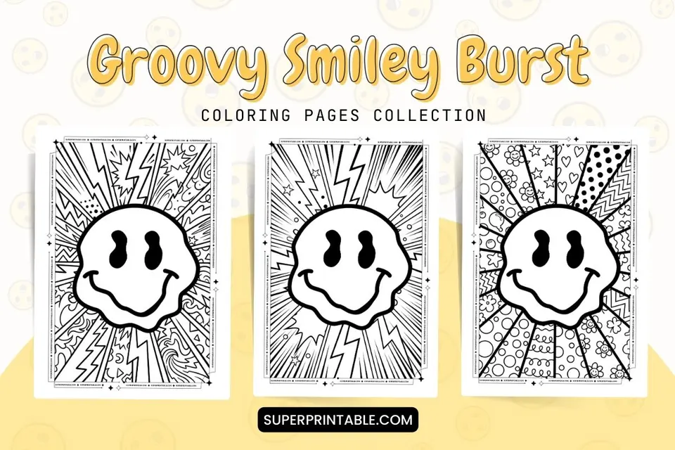 Groovy Smiley Burst Coloring Pages Feature Image