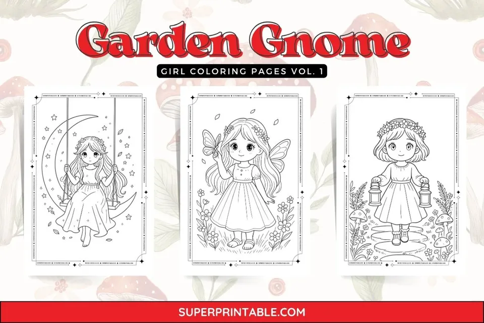 20 Garden Gnome Girl Coloring Pages Vol. 1 Feature Image