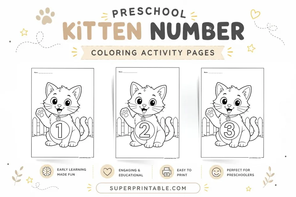 10+ Preschool Kitten Number Coloring Activity Pages Feature Image
