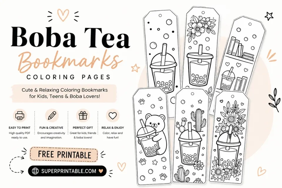 40 Boba Tea Bookmarks Coloring Pages Feature Image