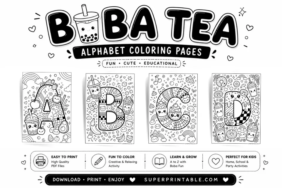 Boba Tea Alphabet Coloring Pages Feature Image