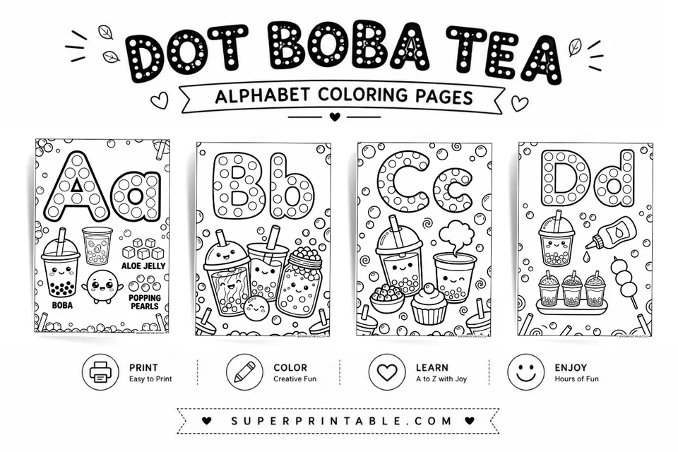 Dot Boba Tea Alphabet Coloring Pages Feature Image