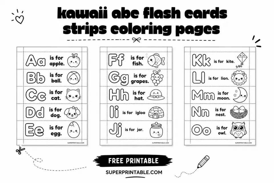 Kawaii ABC Flash Cards Strips Coloring Pages