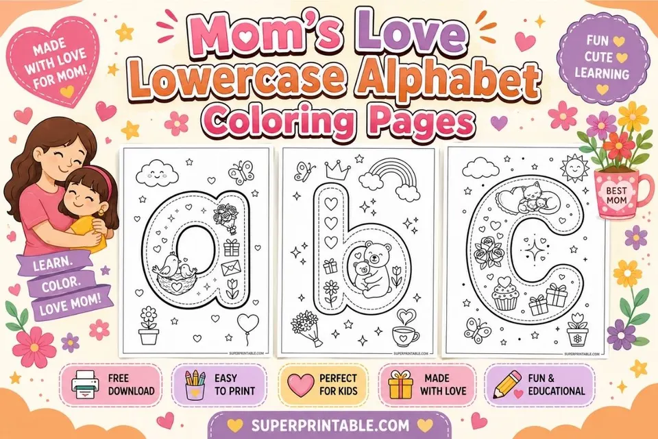 Mom's Love Lowercase Alphabet Coloring Pages Feature Image