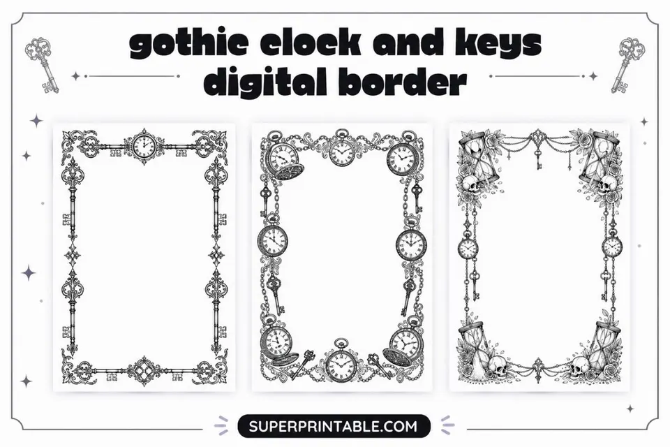 12+ Gothic Clock and Keys Digital Border Feature Image