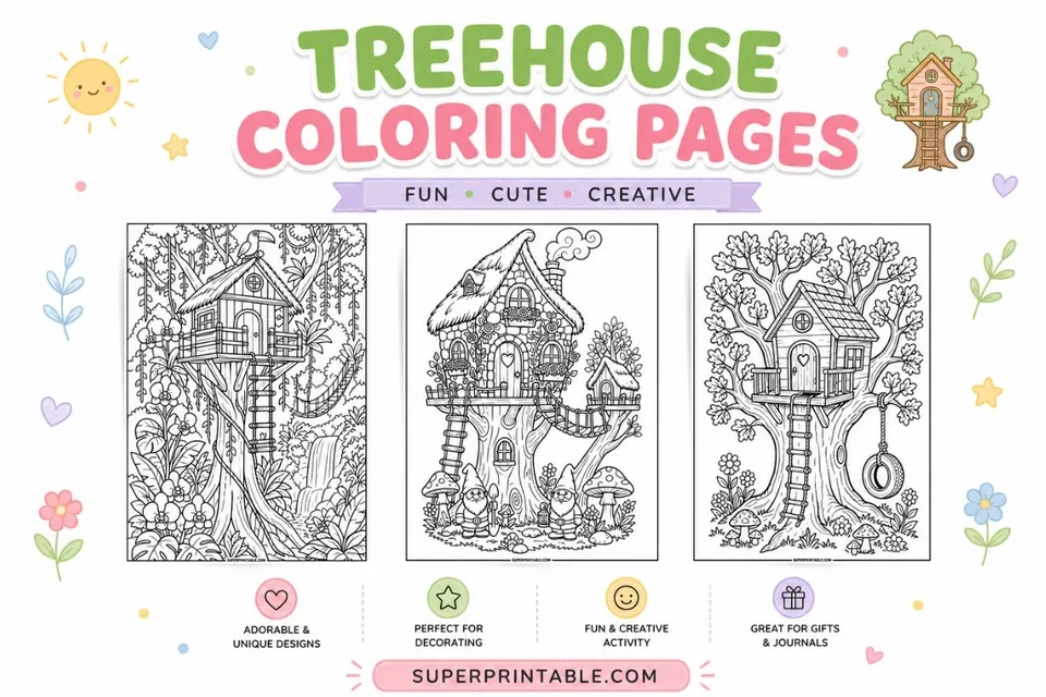 12+ Treehouse Coloring Pages Feature Image