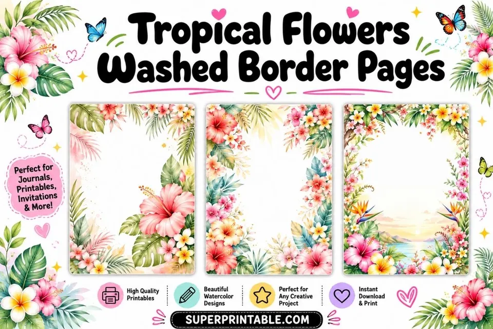 12+ Tropical Flowers Washed Border Pages