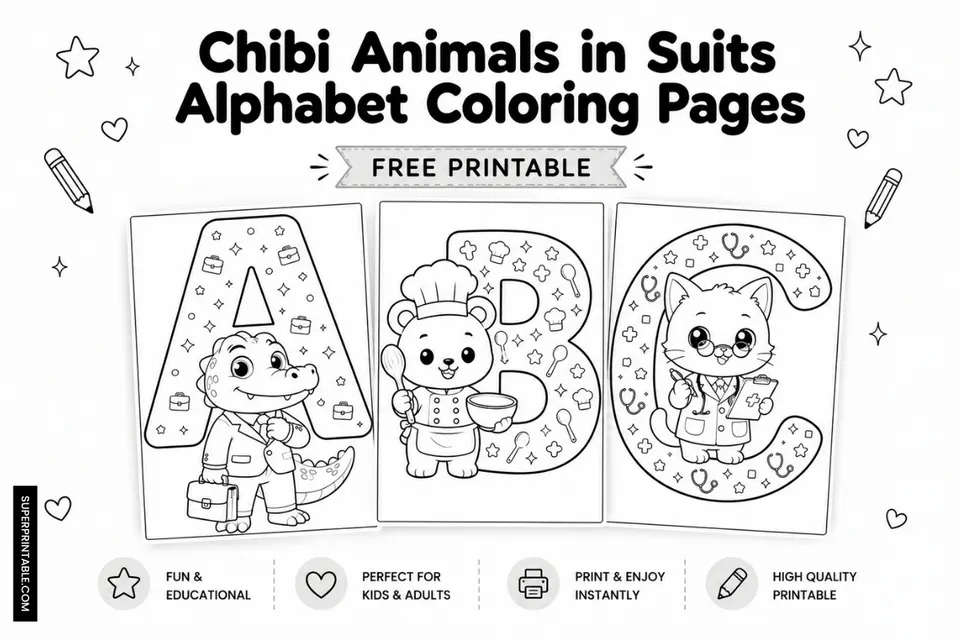 Chibi Animals in Suits Alphabet Coloring Pages Feature Image