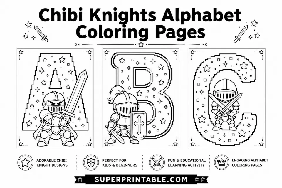 Chibi Knights Alphabet Coloring Pages Feature Image