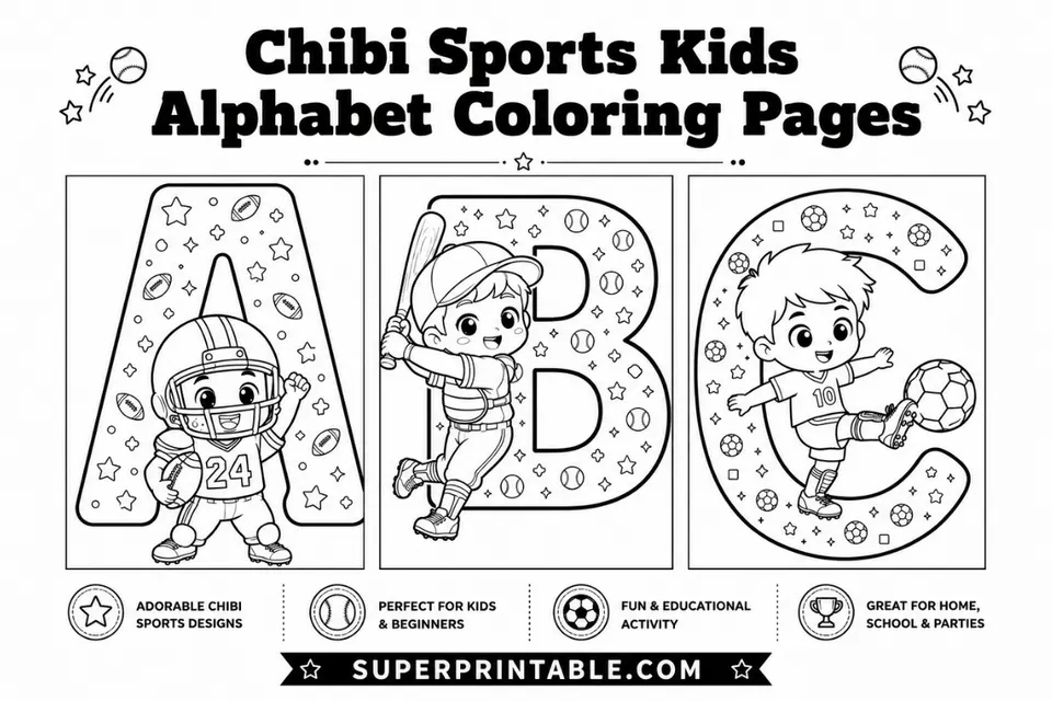 Chibi Sports Kids Alphabet Coloring Pages Feature Image
