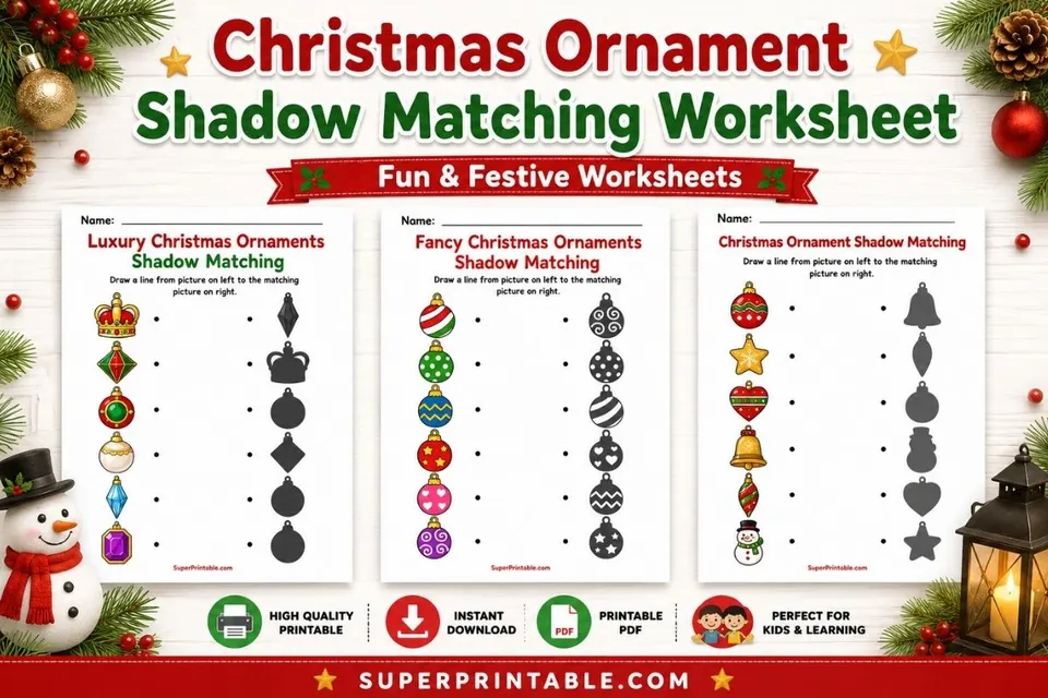 Christmas Ornament Shadow Matching Worksheet Feature Image