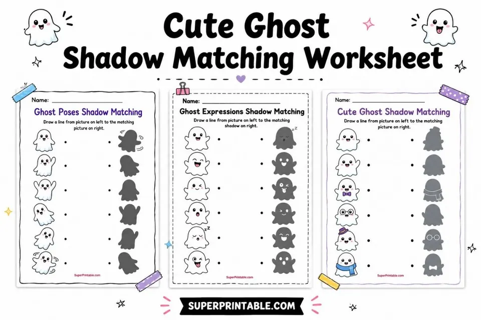 Cute Ghost Shadow Matching Worksheet Feature Image
