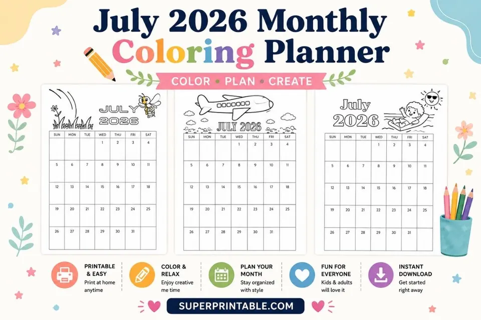 July 2026 Monthly Coloring Planner Feature Image
