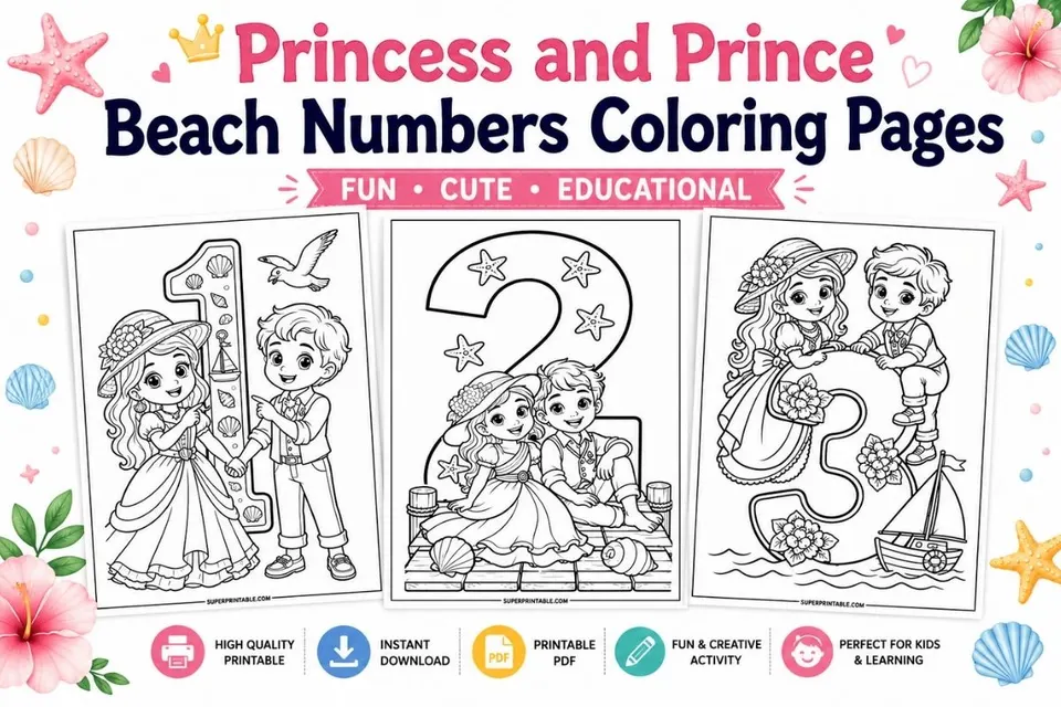 Princess and Prince Beach Numbers Coloring Pages Feature Image