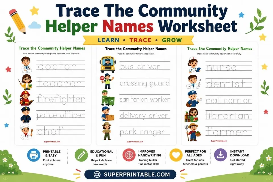 Trace The Community Helper Names Worksheet