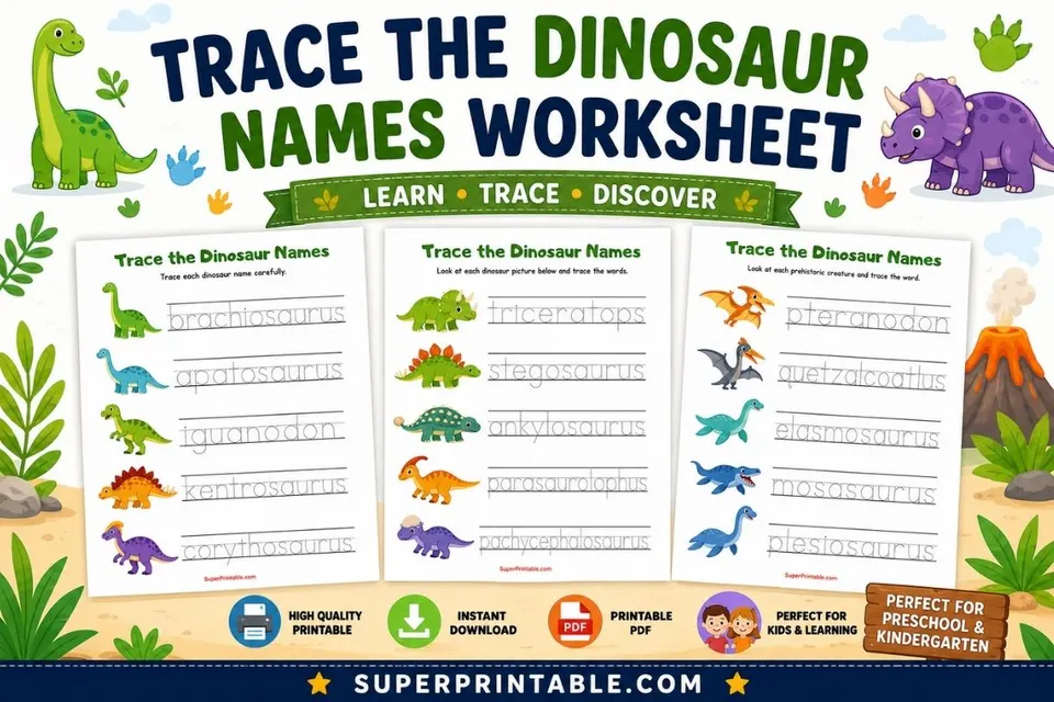 Trace the Dinosaur Names Worksheet Feature Image