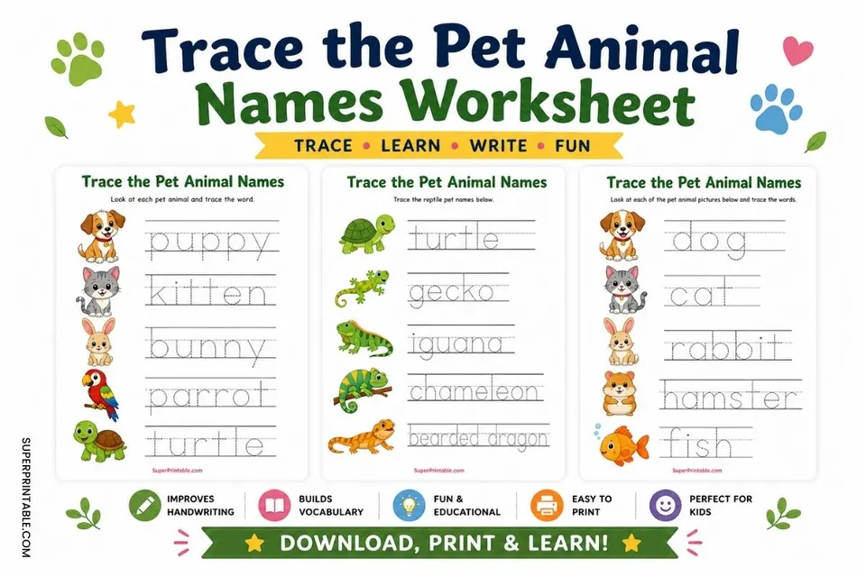 Trace the Pet Animal Names Worksheet