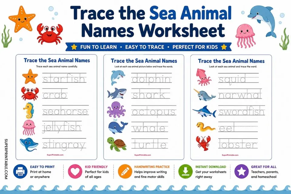 Trace the Sea Animal Names Worksheet Feature Image
