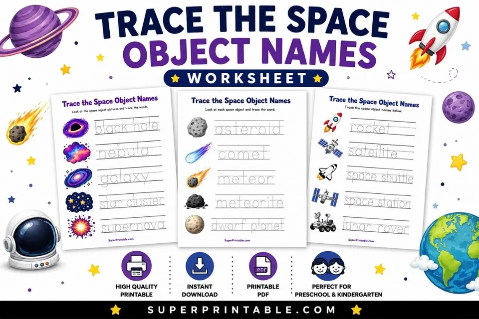 Trace the Space Object Names Worksheet Feature Image