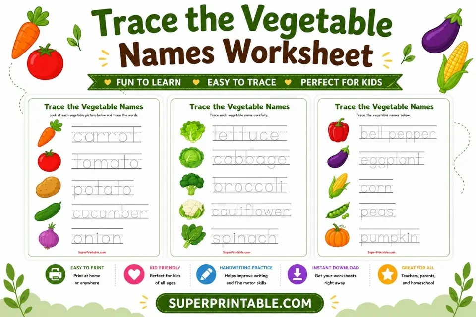 Trace the Vegetable Names Worksheet Feature Image