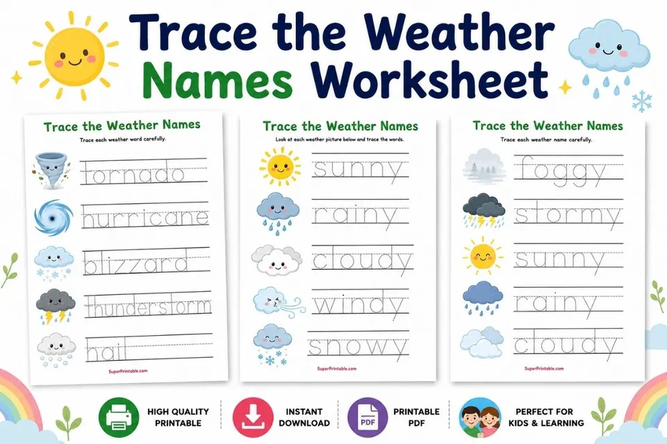 Trace the Weather Names Worksheet Feature Image