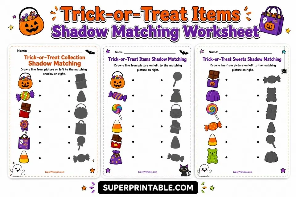 Trick-or-Treat Items Shadow Matching Worksheet Feature Image