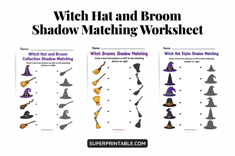 Witch Hat and Broom Shadow Matching Worksheet