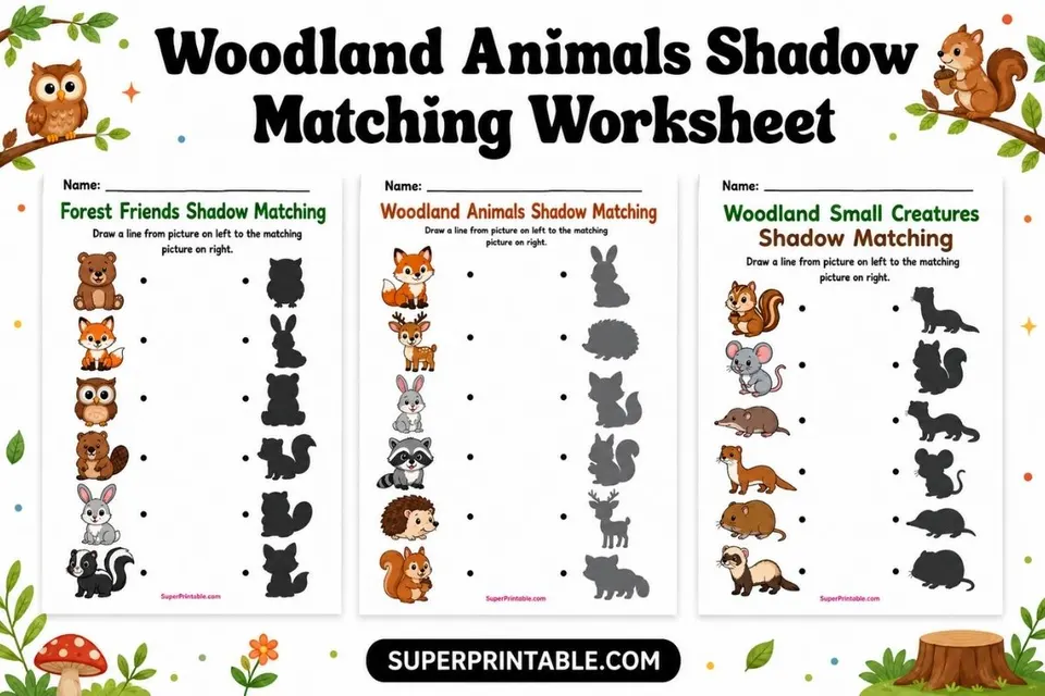 Woodland Animals Shadow Matching Worksheet Feature Image