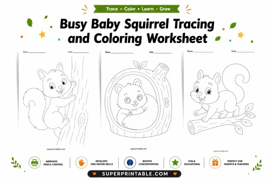 10 Busy Baby Squirrel Tracing and Coloring Worksheet Feature Image