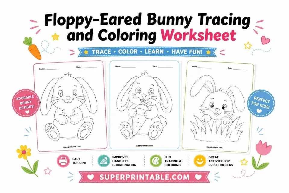 10 Floppy-Eared Bunny Tracing and Coloring Worksheet Feature Image