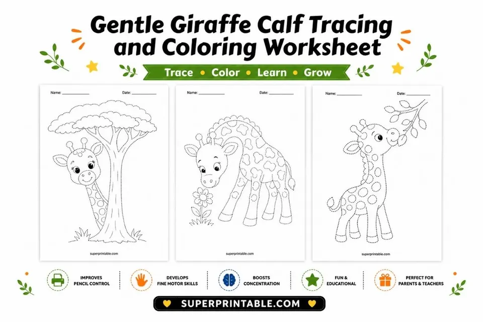 10 Gentle Giraffe Calf Tracing and Coloring Worksheet Feature Image