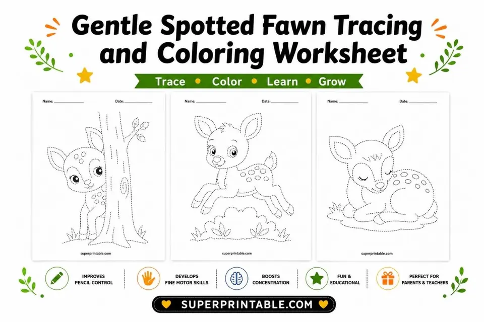 10 Gentle Spotted Fawn Tracing and Coloring Worksheet Feature Image