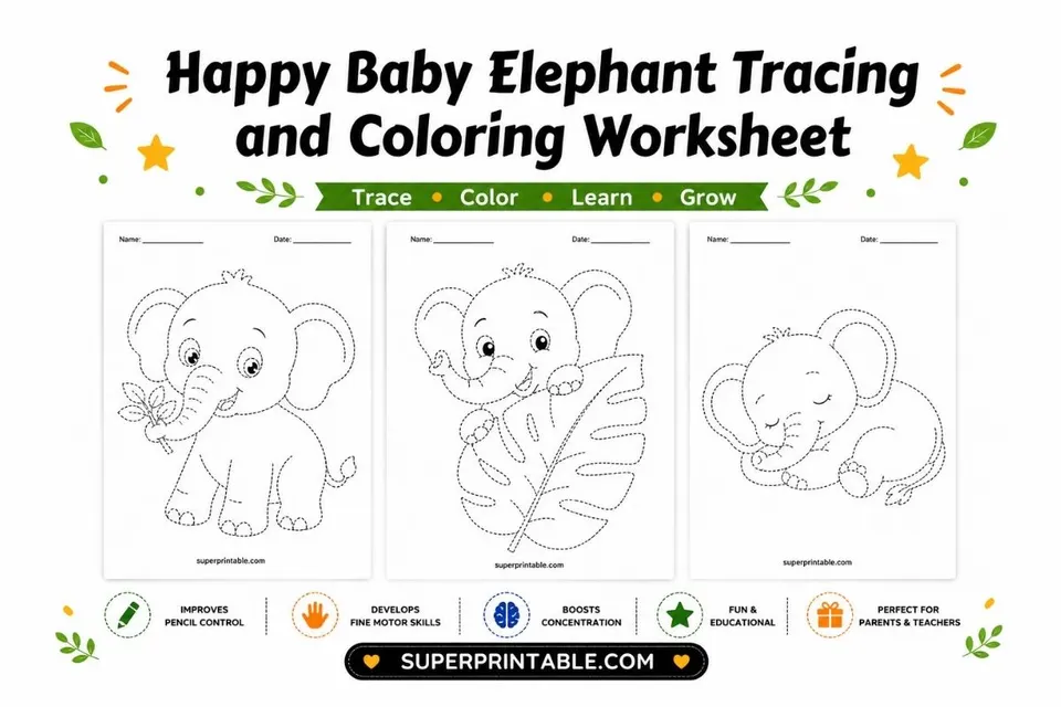 10 Happy Baby Elephant Tracing and Coloring Worksheet Feature Image