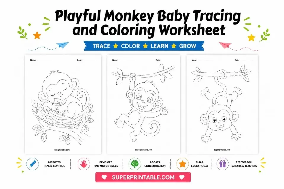 10 Playful Monkey Baby Tracing and Coloring Worksheet Feature Image
