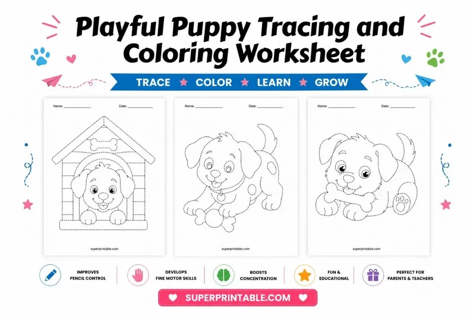 10 Playful Puppy Tracing and Coloring Worksheet Feature Image